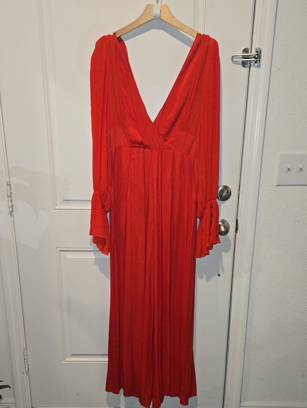 Free People Red V-Neck Long Sleeve Maxi Jumper -